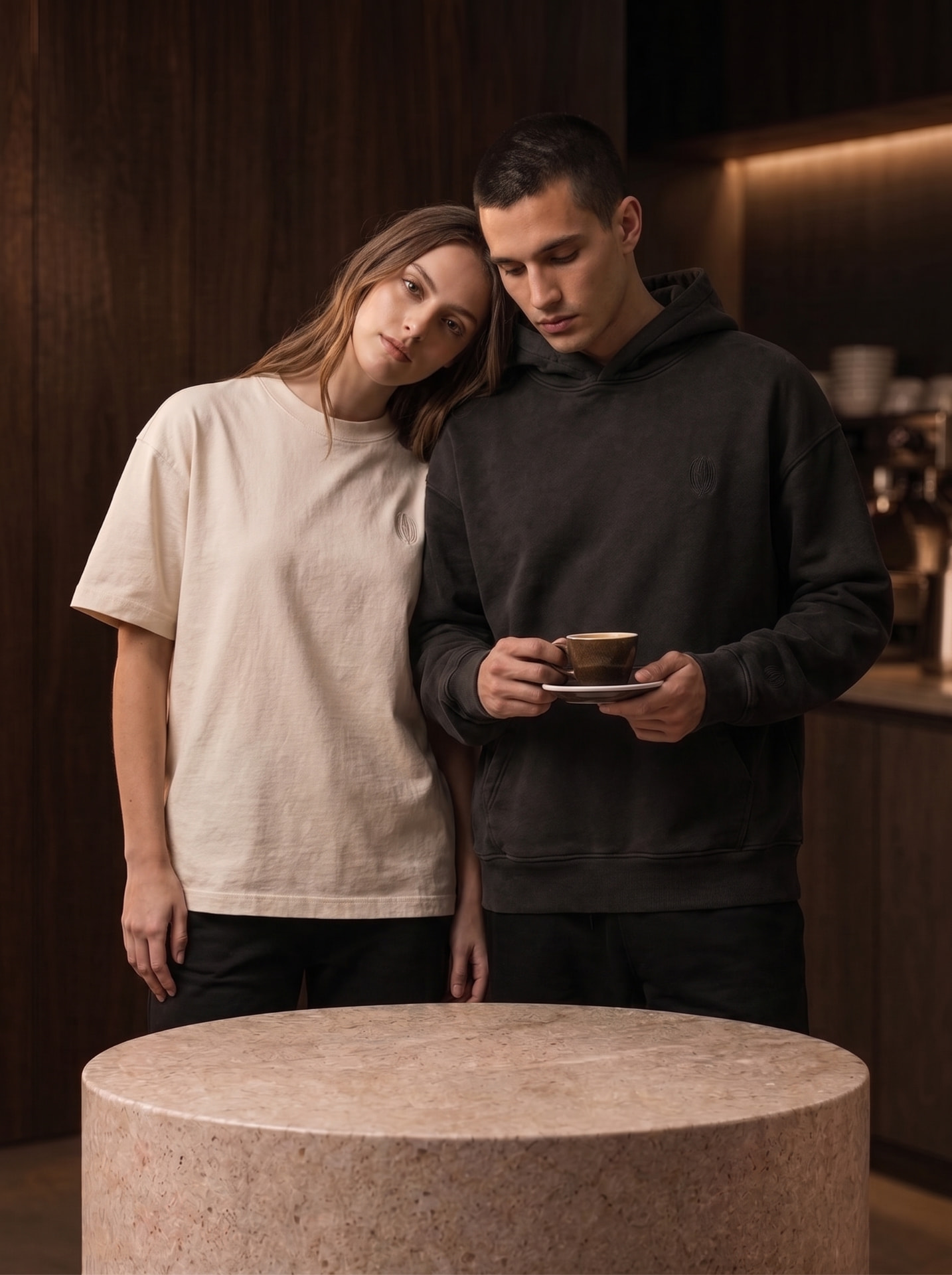 ROAST hoodie and tee worn by a couple with espresso