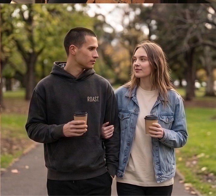 ROAST hoodie on a walk in the park with coffee to go